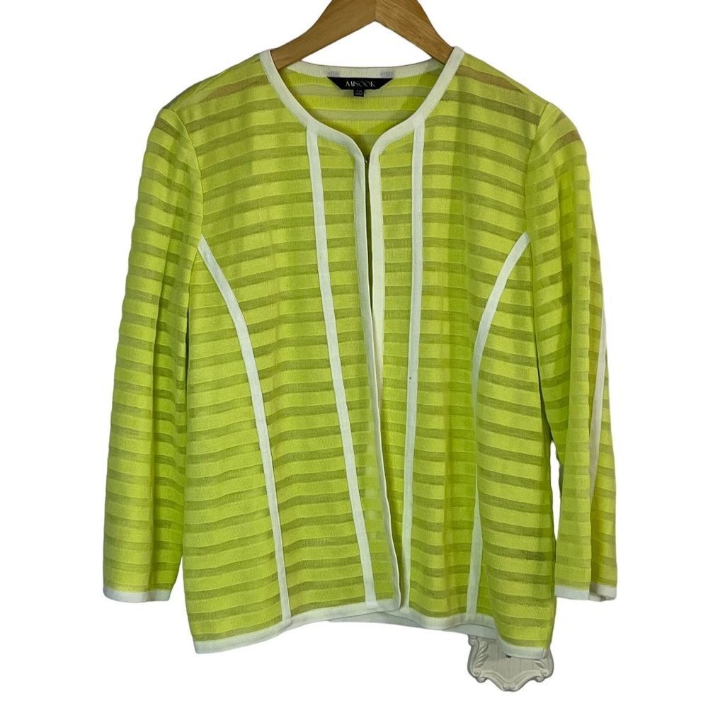 Misook‎ Open Front Cardigan Yellow Sheer Stripe White Lining Petite Medium